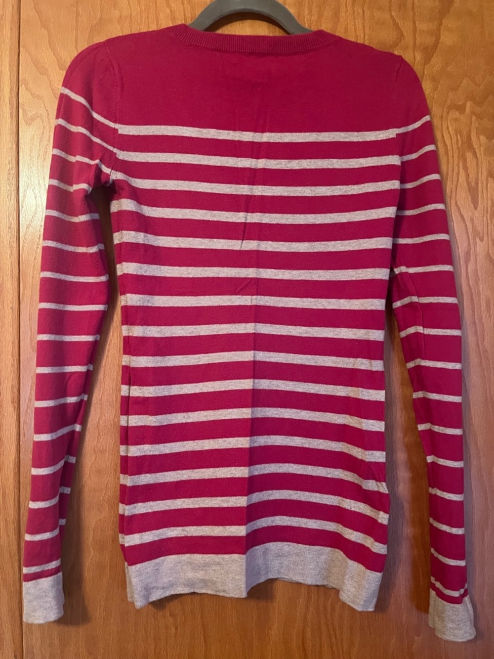 Striped Button-Shoulder Pullover Sweater in Raspberry & Light Gray - Picture 2 of 3